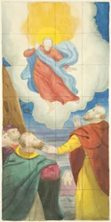 Stained glass window at east end of the north aisle of Bristol Cathedral showing the Ascension