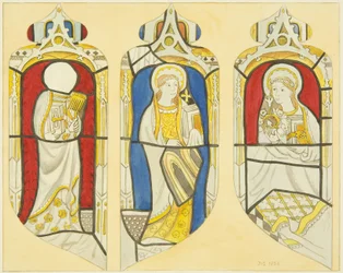 Three figures in east window north transept of St Mary Redcliffe