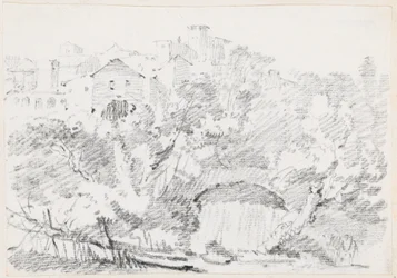 A Waterfall near a Hilltown in Italy