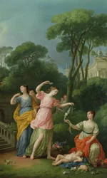 Young Greek Girls Adorning a Sleeping Cupid with Flowers