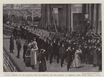 Captain Schmidt, of the Bulgaria, with His Officers and Men Landing at Hamburg After Their Perilous Voyage