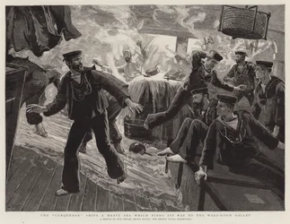 The Conqueror Ships a Heavy Sea which finds its Way to the Ward-Room Galley