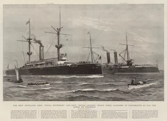 The New Ironclads, HMS Royal Sovereign and HMS Royal Arthur Launched at Portsmouth by HM the Queen
