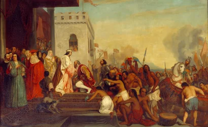 Reception of Christopher Columbus by the Kings of Spain Ferdinand II of Aragon and Isabella 1st of Castile in Barcelona in 1493. Painting by Joseph Nicolas Robert Fleury