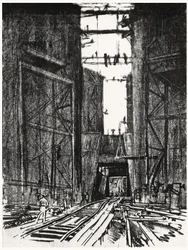 At the Bottom of the Gatun Lock, plate IV from The Panama Canal by Joseph Pennell, 1912