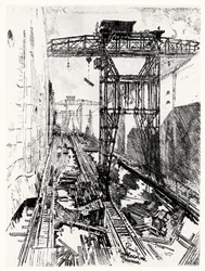 Cranes at the Miraflores Lock, plate XXII from The Panama Canal by Joseph Pennell