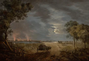 View of the crossing bridge of the French Army into Lobau (Night scene with Moonlight)