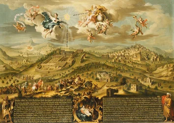 A View of Bethlehem with the Journey of the Magi, the Trinity Above and the Nativity in a Painted Cartouche Below