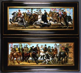 A pair of pottery wall plaques depicting medieval scenes of huntsmen with hounds