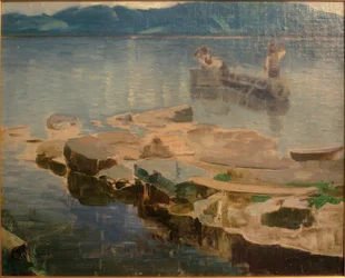 Rock Tongue in Eibsee with Fishermen