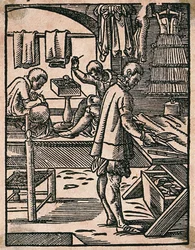 A tailor cutting cloth with scissors while his colleagues sew at a bench. Woodcut by J. Amman.