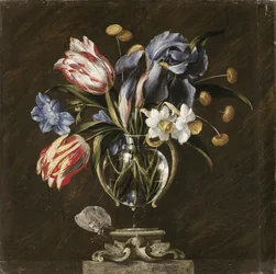Tulips, Daffodils, Irises and Other Flowers in a Glass Vase on a Sculpted Stand, with a Butterfly