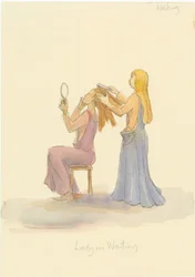 A medieval lady in waiting, brushing the hair of a lady, 2004