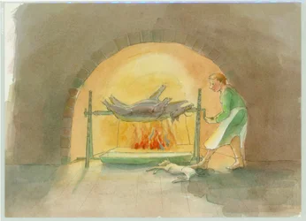 A medieval spit boy, who turns a spit in the kitchen, 2004