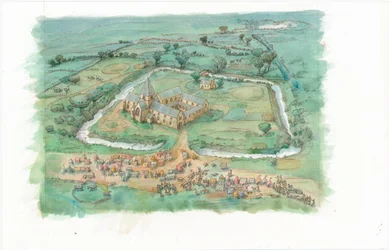 A Reconstruction Painting Showing an Oblique View of Latton Priory as it May Have Appeared in the Late 12th Century