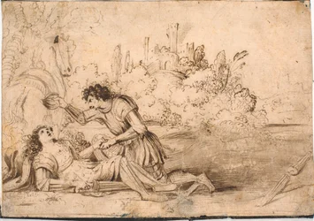 Kneeling Knight Tending to a Fallen Knight, Wounded in a Tournament; a Horse Seen from Behind to the Left, a Castle Ruin on a Hill in the Background