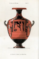 Greek Vase Decorating a Woman at Her Toilette Holding a Box of Cosmetics and Perfumes Assisted by a Slave Who Waves a Fan