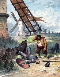 Don Quixote has fought with windmills and fallen from his horse, Sancho Panza looking at his master, illustration of the book by Miguel de Cervantes “Histoire de Don Quichotte”, engraving after Jules David