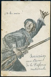 Postcard of Subscription to the Leap of the National Defense Showing a Soldier Going to the Front Shouting 