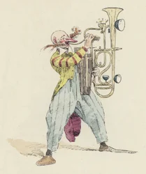 Clown playing an unusual musical instrument