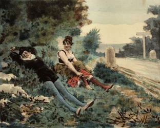 A Parisian and a Picardy Sitting on the Grass. Pantagruel. Illustration by Jules Garnier. In 