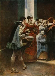 At the Entrance of a Church, Panurge Giving Holy Water to a Woman
