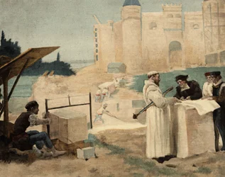 Brother Jean supervising the construction of the Abbey of Theleme. Illustration by Jules Garnier. In 