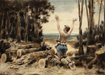 Couillatris, a Woodman from the Village of Gravot, Lamenting about Having Lost His Axe. Pantagruel. Illustration by Jules Garnier. In 