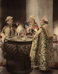 In a Chapel, Three Priests Surround a Benitier. Pantagruel. Illustration by Jules Garnier. In 