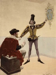 King of England Edward V, on His Toilet, Looking at the Coat of Arms of France that His Doctor Shows Him. Pantagruel. Illustration by Jules Garnier. In 