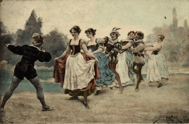 Men and Women Playing at the Tail of the Wolf. Gargantua. Illustration by Jules Garnier. In 