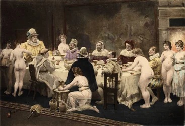 Pantagruel, Panurge, Frere Jean and Epistmon During Dinner by Homenas. Pantagruel. Illustration by Jules Garnier. In 