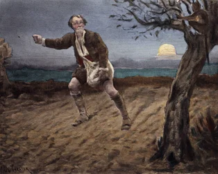The Devil, Perched in a Tree, Talking to a Peasant Sowing Doggie. Pantagruel. Illustration by Jules Garnier. In 