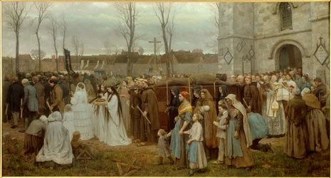 Erecting a Calvary. Procession in Front of a Breton Church. Painting by Jules Breton (1827-1906), 1858, 1,35 x 2,5 m, Lille, Musée des Beaux-Arts