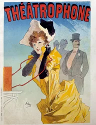 Poster for the Theatrophone: a young elegante listens to a piece of theatre