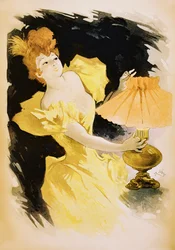 Vintage poster of elegant woman turning on gaslamp