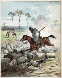Don Quixote killing sheep thinking they were knights - Don Quixote on his horse pierces the sheep he takes for knights - Illustration of Jules David (1808-1892) from Histoire de Don Quixote (Don Quixote) - 1887 - by Miguel de Cervantes Saavedra (1547-1616)