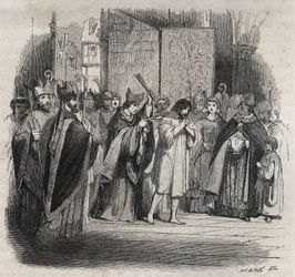 Penance of Raymond VI, count of Toulouse - On 22/06/1209 Raymond VI Count of Toulouse, excommunicated by Pope Innocent III for not pursuing the Cathars, accused of being the instigator of the assassination of Pierre de Castelnau, made an