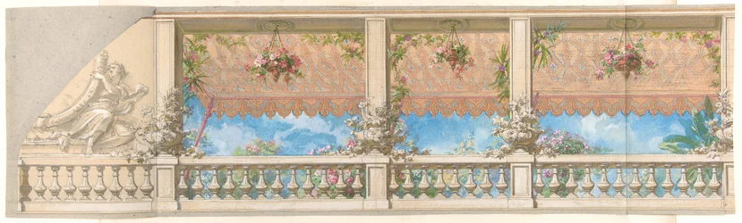 An Outdoor Balustrade Overhung with an Awning in Moorish Style, 1830-97. Creators: Jules-Edmond-Charles Lachaise, Eugène-Pierre Gourdet.