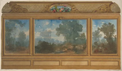 Elevation of a paneled interior decorated with painted landscapes and coves, 1830-97