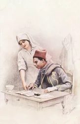 Reading lesson. Postcard from “The War of Nations” depicting a Red Cross nurse teaching a Senegalese shoemaker to read