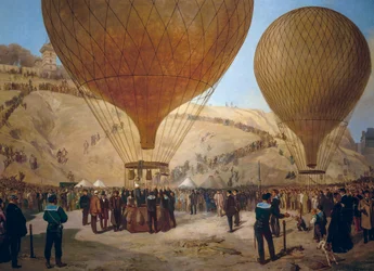 Leon Gambetta leaving on Armand-Barbes hot air balloon during siege of Paris, from Place Saint-Pierre to Montmartre on October 7