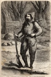 Portrait of Doctor Henri Barth, German explorer, in a travel suit. Drawing by Jules Pelcoq, to illustrate the journey of 1849-1855, to the center of Africa, by Dr. Henri Barth. Engraving in Le tour du monde, nouveau journal des voyages
