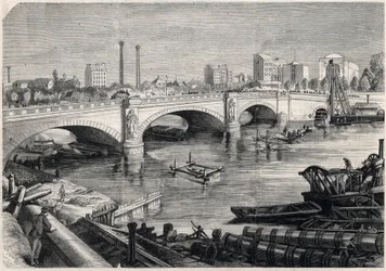 Transformations of Paris under the Second Empire, Haussmann Paris: works undertaken in front of the bridge of the Alma in Paris for the passage of the collector sewer at the bottom of the Seine. Drawing by Jules Pelcoq. Engraving in 