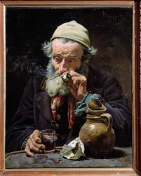 The Drinker An old man smoking the pipe and drinking a glass of wine. Painting by Jules Rousset (1840-?) 19th century Orleans, Museum of Fine Arts