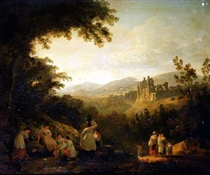 A Wooded Landscape with Washerwomen by a Fountain