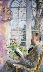 In the Veranda. A Man Reading a Book, a Cage with a Bird is Hanging. Painting by Julius Gari Melchers (1860-1932)