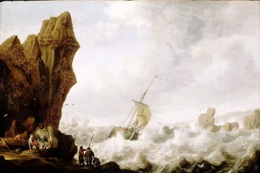 A Fishing Boat with Two Masts in Turbulent Seas, c. 1620