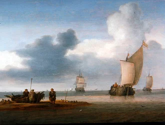 Beach Scene with Sailboats and Fishermen