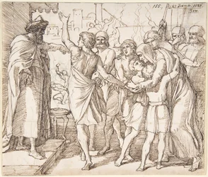 The Martyrdom of the Seven Brothers; verso: Sketch of Two Men Wrestling (?)